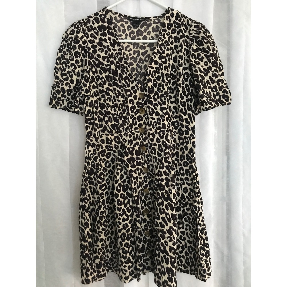 Something Navy Womens Leopard Print Button Front V-Neck Puff Sleeve Mini Dress S